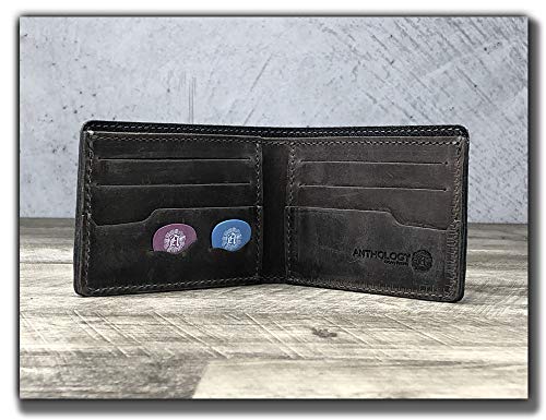 Minimalist Bi-fold Leather Wallet - with Guitar Pick Holder Full Grain Leather by Anthology Gear (Aged Steel) Aged Steel