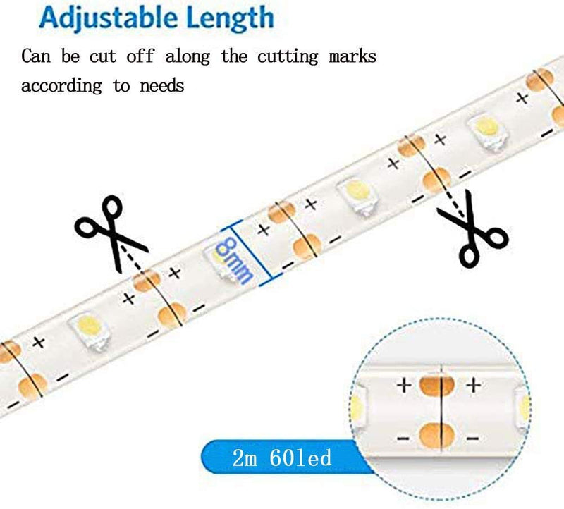 [AUSTRALIA] - 2M 60Led Strip Lights Battery Operated Waterproof with Remote, Timer, 8 Modes, Dimmable, Self-Adhesive, Cuttable, Warm White Strip Lights for TV PC Kitchen Cabinet Bedroom Bathroom Desk Decor 