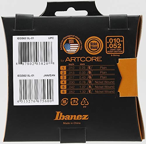 Ibanez Art Core Electric Guitar String Set for Hollow Body Guitars - Light Top/Heavy Bottom Saitenstärken: .010/.013/.017/.030/.042/.052 6-string light top/heavy bottom
