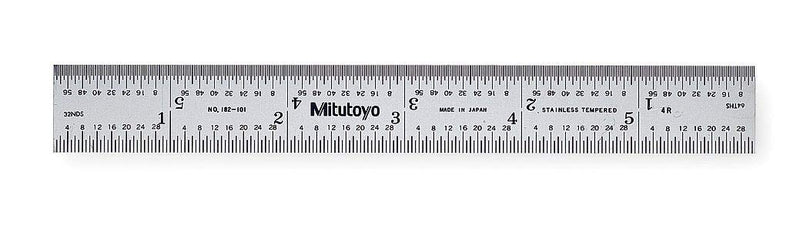 Mitutoyo 182-101, Steel Rule, 6" (4R), (1/8, 1/16, 1/32, 1/64"), 3/64" Thick X 3/4" Wide, Satin Chrome Finish Tempered Stainless Steel