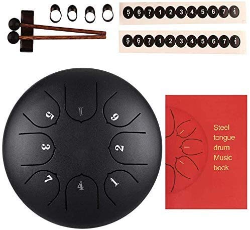 PROKTH 8 Notes 6 Inches Steel Tongue Drum, Lotus Hand Pan Drum with Drum Mallets Carry Bag, Percussion Instrument for Music Education, Mind Healing and Yoga Meditation Black 6 inch 8 notes