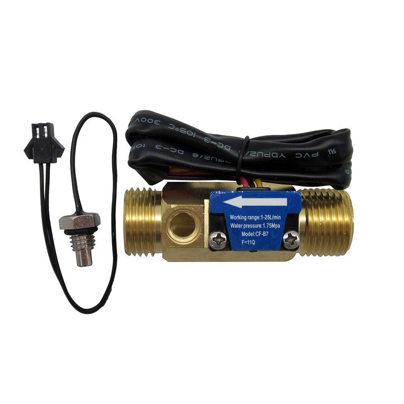 DIGITEN G1/2" Male Thread Brass Water Flow Sensor, Hall Effect Sensor Switch Flow Meter Flowmeter Counter with Temperature Sensor 1-25L/min Flow meter with temperature sensor