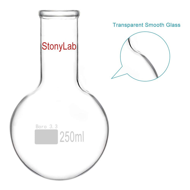 StonyLab Glass 250ml Long Neck Round Bottom Flask, Borosilicate Glass Heavy Wall Round Bottom Boiling Flask RBF with Long Neck - 250ml 250 ml