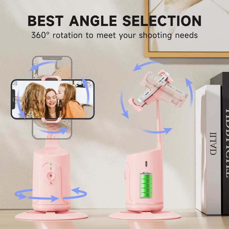 Auto Face Tracking Tripod - 360° Rotation Auto Tracking Phone Holder, No App, Phone Camera Mount with Remote and Gesture Control, Rechargeable Smart Shooting Holder for Video Recording, Tiktok Pink