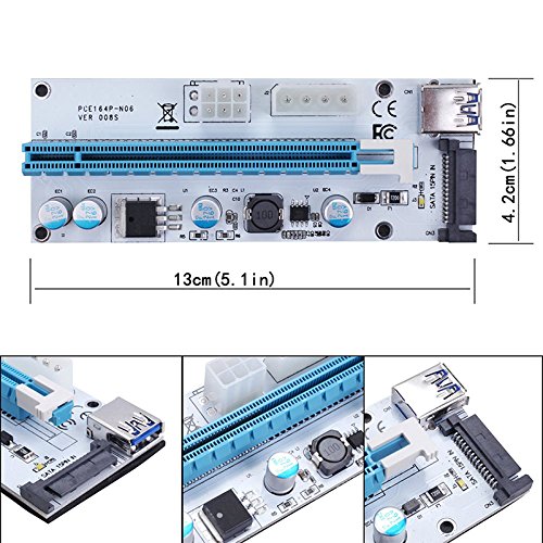 CFIKTE VER 008S PCI-E Express Cable 1X TO 16X Graphics Extension Ethereum ETH Mining Powered Riser Adapter Card, 60cm USB 3.0 Cable, 4 Solid Capacitors,15pin Male to 6pin Power Slot Connector (1 Pack) 1 Pack