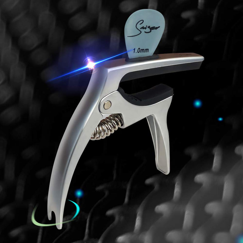 Universal Guitar Capo 3 in1 Zinc Alloy Metal Capos Silver for Acustic Electric Guitar with Pick Holder and 3 Picks picks)