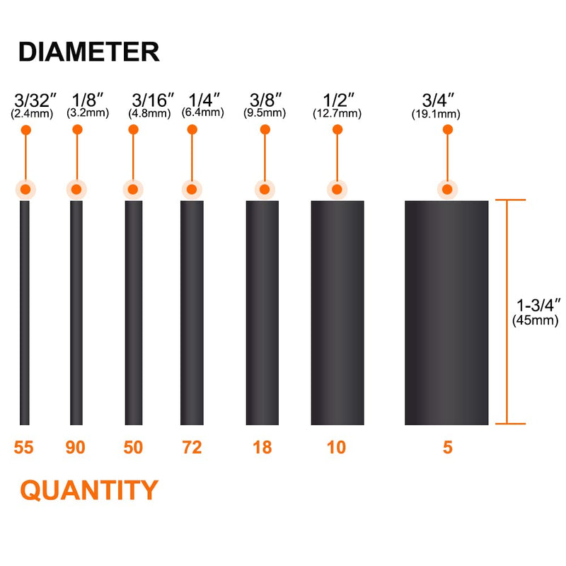 Industrial Heat Shrink Tubing Kit,AIRIC 300pcs 3:1 Heat Shrink Tube Adhesive Lined - Dual Wall Tube - Marine Heat Shrink Tubing Black, 7 Sizes(Diameter): 3/4, 1/2, 3/8, 1/4, 3/16, 1/8, 3/32 inch KIT-black-300pcs 300