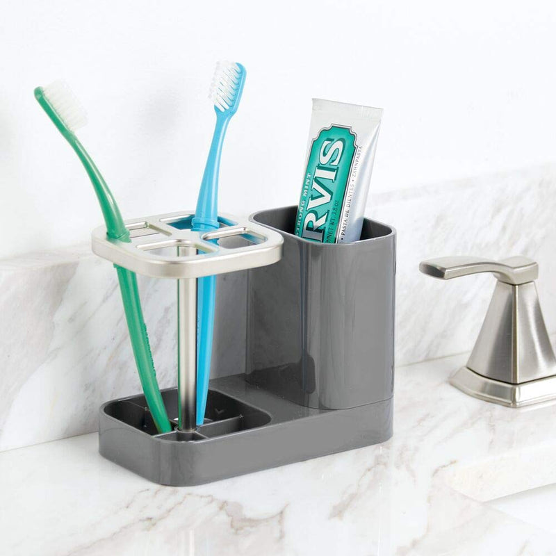 mDesign Plastic Toothbrush/Toothpaste Storage Organizer Holder with Cup for Bathroom, Vanity, Countertop Space - Holds Electric Toothbrush, Brush and Other Bathroom Accessories - Charcoal Gray/Satin Charcoal/Satin
