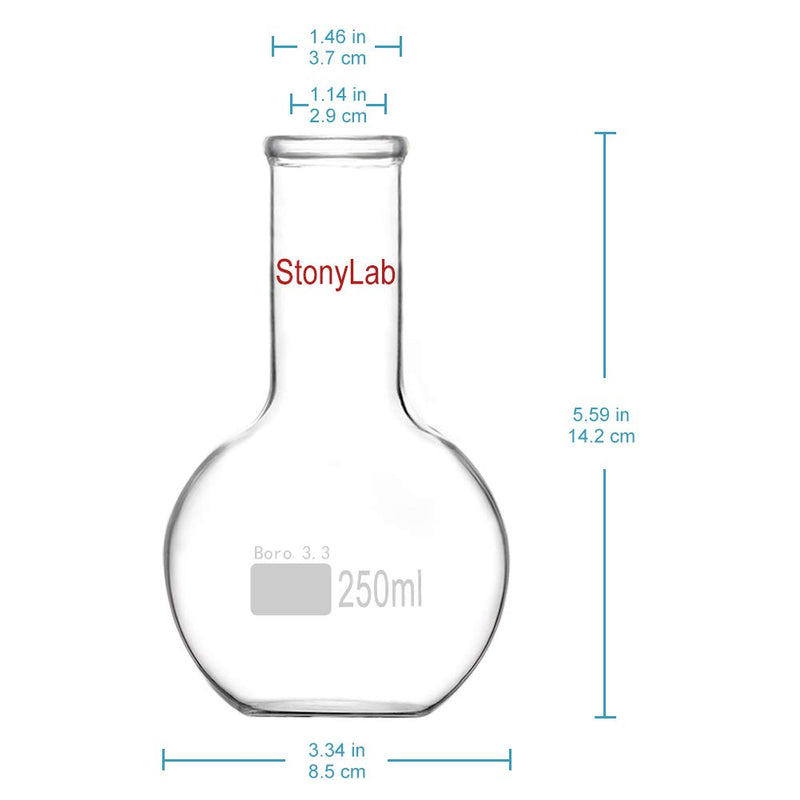 StonyLab Glass 250ml Long Neck Flat Bottom Flask, Borosilicate Glass Heavy Wall Flat Bottom Boiling Flask with Long Neck, 250ml 250 ml