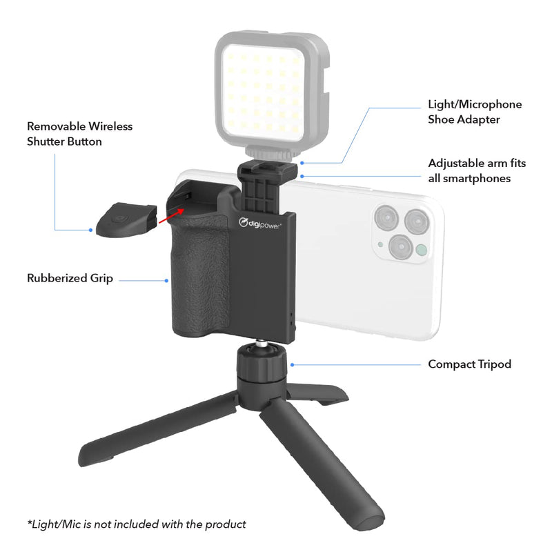 DigiPower Pocket Grip Stabilizer with Wireless Shutter Remote & Table-Top Mini Tripod for Mobile Phone, Works with iPhones & Android Smartphones for Filming YouTube, TikTok, & Instagram Videos,