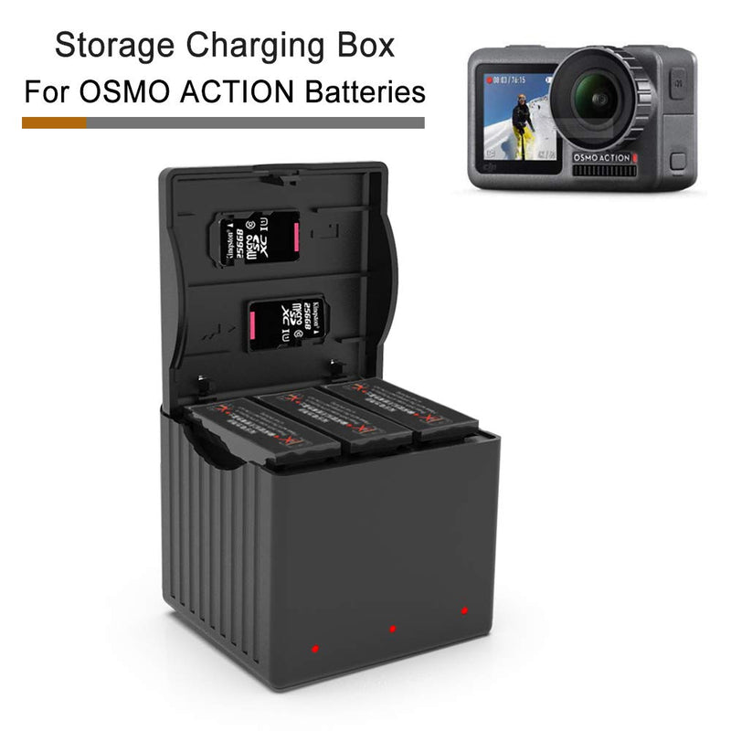 Battery Charger and Storage Box for OSMO Action Batteries Fast Charger Can Charge and Storage Three OSMO Action Batteries and Carry Two TF(Micro SD) Cards at The Same Time