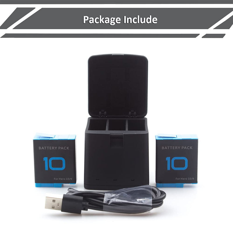 2 Pack Batteries fit for GoPro Hero 10, GoPro Hero 9 Black, 3-Channel Battery Charger Station for Hero 10/ Hero 9