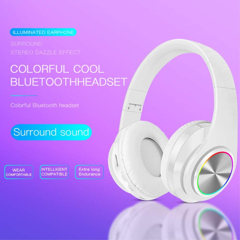 Amazing 7 LED Bluetooth Headphones with 8Hours Playtime, Wireless Headsets Over Ear, Hi-Fi Stereo, Multi-Colored Breathing Led, Built-in Mic, Snug Fit Earphones for Game Video DJ (White) White