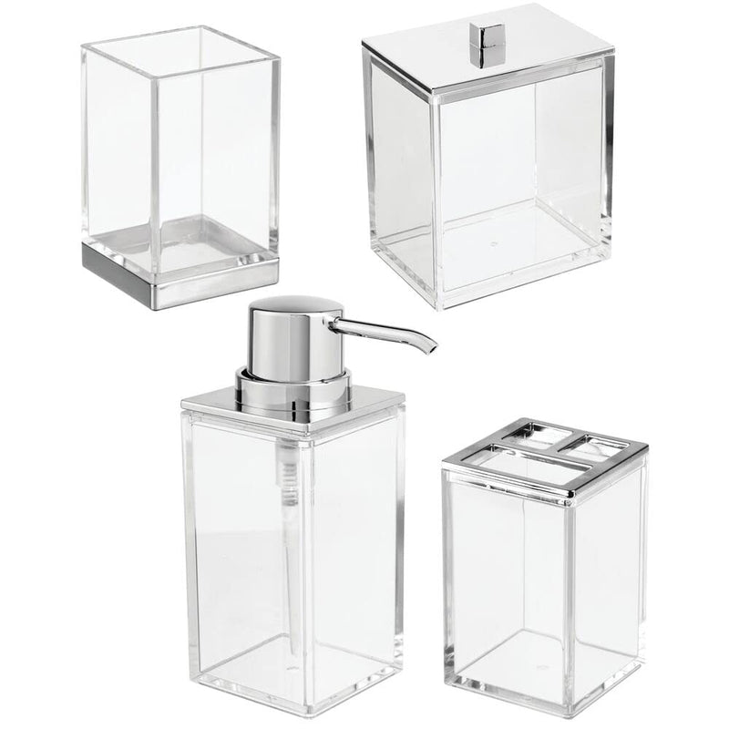 mDesign Plastic Bathroom Storage Jars, Vanity Decor Accessory, Countertop Organizers; Soap Dispenser, Toothbrush Holder, Toothpaste Caddy, Rinsing Cup; Lumiere Collection - Set of 4 - Clear/Chrome