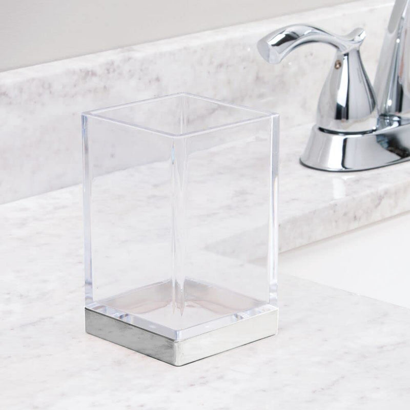mDesign Plastic Bathroom Storage Jars, Vanity Decor Accessory, Countertop Organizers; Soap Dispenser, Toothbrush Holder, Toothpaste Caddy, Rinsing Cup; Lumiere Collection - Set of 4 - Clear/Chrome