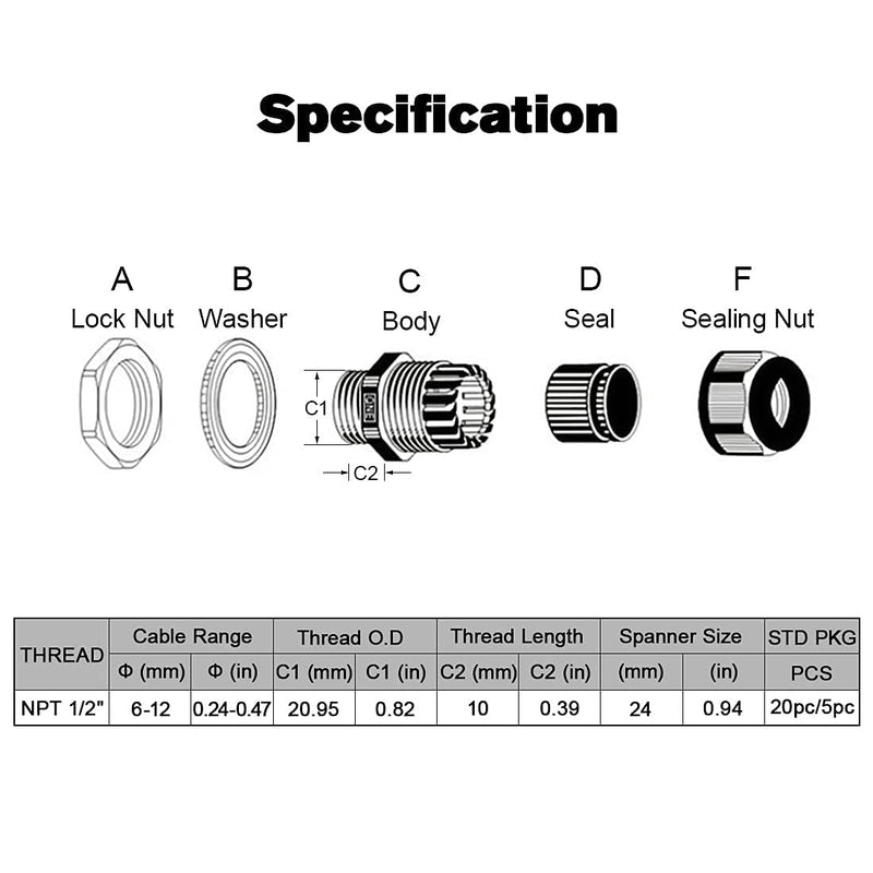 LeMotech 20 Pack NPT 1/2" Cable Glands Waterproof Adjustable 6-12mm Cable Connectors Grey Nylon Joints with Gaskets 1/2inch 20-pack Gray