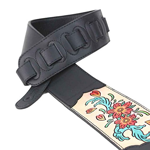 Walker & Williams CVG-165 Black Leather Padded Guitar Strap with Hand Carved Red & Blue Flowers