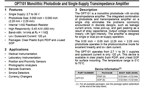 Taidacent OPT101 Monolithic Photodiode and Single-Supply Transimpedance Amplifier Analog Light Sensor Light Intensity Module