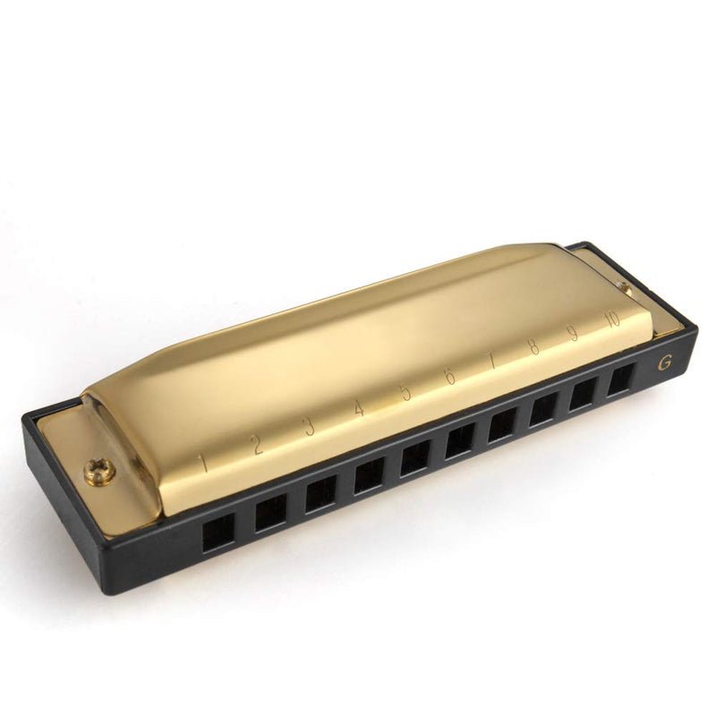 Flexzion 10 Holes Harmonica Key of G Major Diatonic Mouth Harp Musician Instrument in Metal with Carrying Case for Beginners Gift 1 Gold