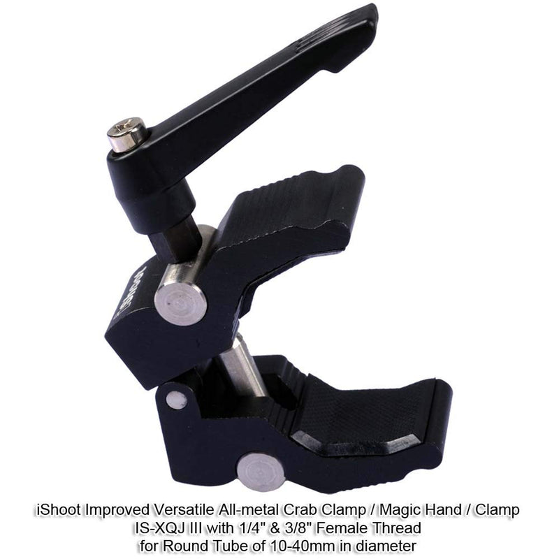 iShoot Improved Versatile All-Metal Crab Clamp Magic Hand Pliers with 1/4" & 3/8" Screw Hole, Used for Photography Camera Tripod Studio Flash Light Stand Boom Round Tube Circular Pipe of DIA-10-40mm IS-XQJ III for Round Tube