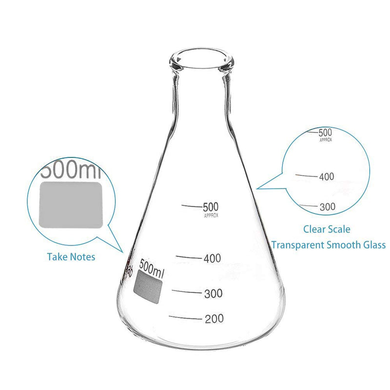 stonylab 2-Pack Glass 500ml Heavy Wall Narrow Mouth Erlenmeyer Flasks with Heavy Duty Rim (500ml Fits with stonylab 7# Rubber Stopper) 500 ml