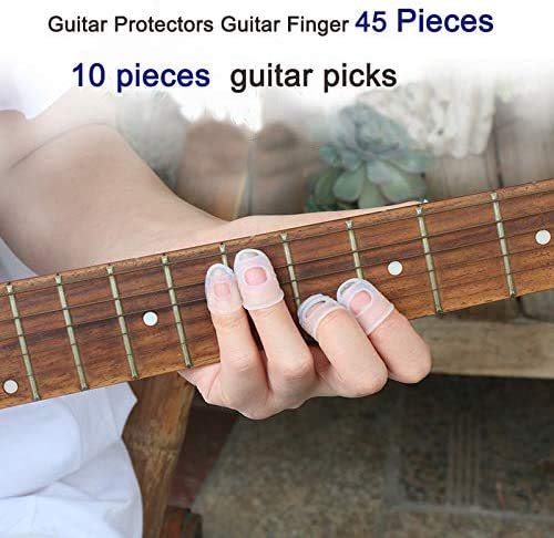 Guitar Finger Protectors 45pcs Guitar Finger Fingertip Protectors in 5 Sizes 10pcs Guitar Picks Suitable for Beginner to Playing Ukulele Electric Guitar