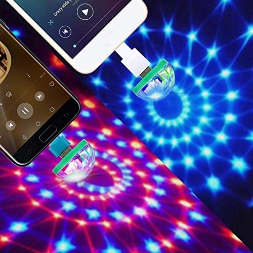 Mini usb led disco ball - Portable DJ light for partying - Home, car, phone, and any other type of USB device - Includes all adapters (Android, Apple IOS, Type C)