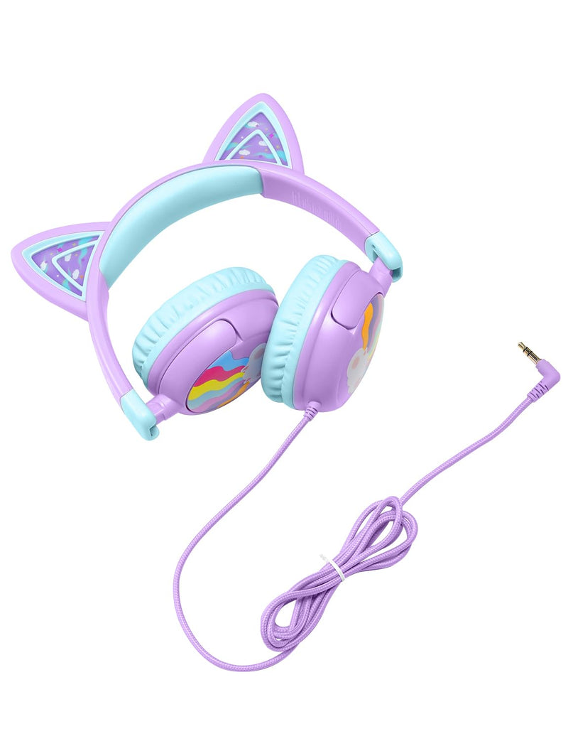 iClever Kids Headphones Cat Ear, LED Light Up, 85dBA Safe Volume, Stereo Sound Toddler Headphones for Travel School, Foldable 3.5mm Wired Kids Headphones for iPad Tablets, Meow Lollipop-Purple Purple