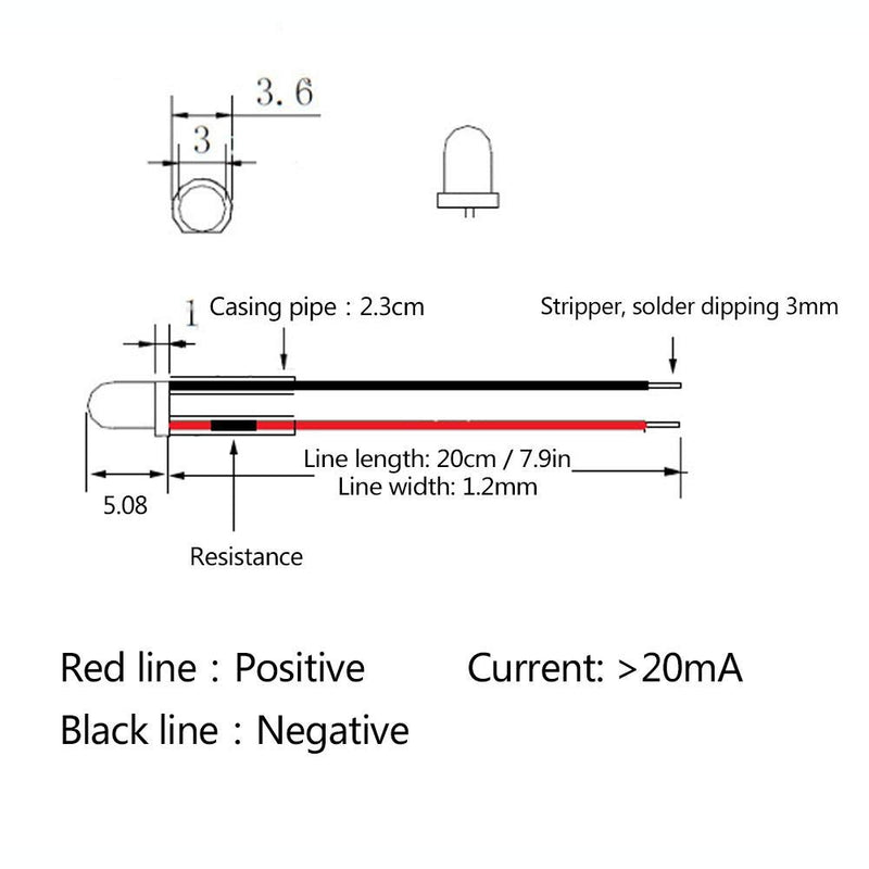 5mm Pre Wired LED Diodes Light, 10pcs 0.06W 12v 5mm LED Light-emitting Diode Wired Multicolor LED Light, Cable 20cm(White) White