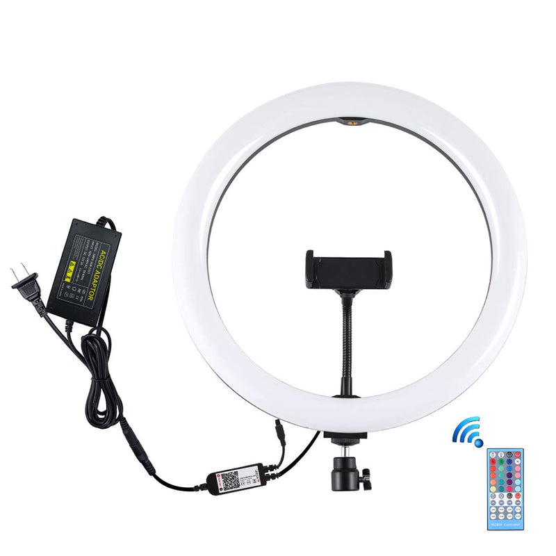 PULUZ Ring Light, 12 inch Dimmable RGB O Ring Light with Cold Shoe Tripod Ball Head & Phone Clamp and Remote for Makeup, YouTube Video, Desktop Led Ring Light Selfie Light Ring for Smartphone (Black) Black