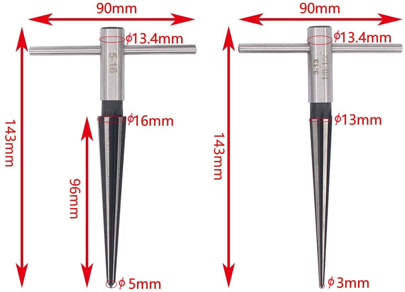Faneta T Handle Taper Reamer Set 3-13mm(1/8''-1/2'') & 5-16mm(½"-5/8") Bridge Pin Hole Hand Held Tapered Reamers 6 Fluted Chamfer Reaming Guitar Woodworker Luthier Tool (Set of 2)