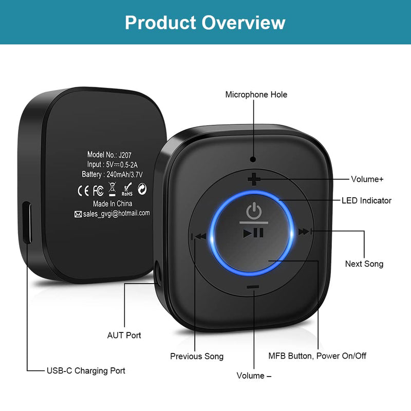 Golvery Bluetooth Receiver for Old Speaker with Latest Bluetooth V5.3, 20-Hour Battery Life, Handsfree Calls, Dual Connection to 2 Cell Phones, Built-in Microphone, for Wired Headphones, Home Stereo Black(J207)