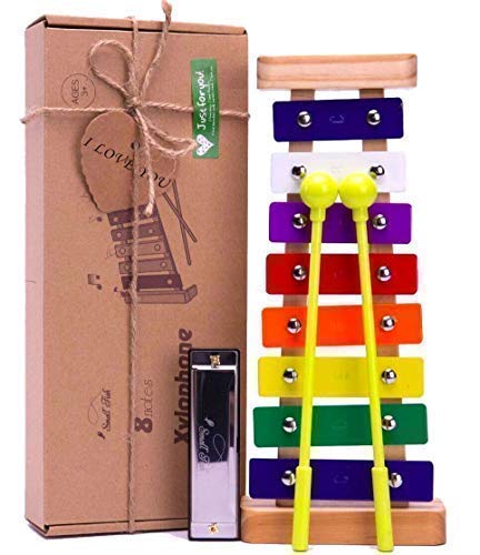 Xylophone for Toddlers and Kids, Baby Boys and Girls Wooden Musical Instrument Toys for Birthday, DIY Idea for Mini Musicians, Glockenspiel with Child Safe Mallets, Music Cards and Harmonica
