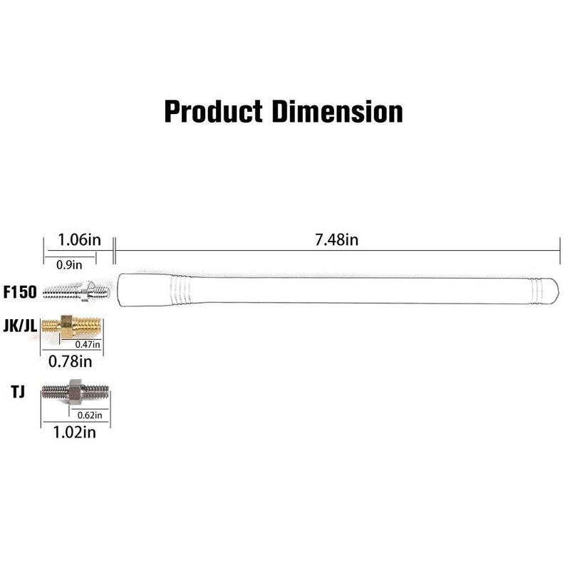 RT-TCZ Short Antenna for Jeep Wrangler JK/JL/TJ and Ford F150, 7.5 inches Antenna Designed for Optimized FM/AM Reception