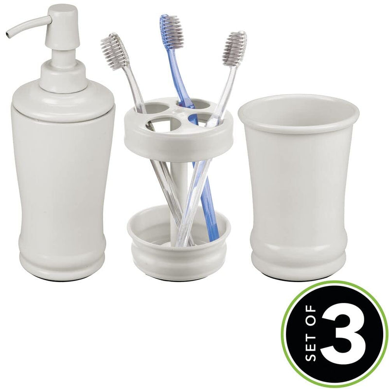 mDesign Metal Bathroom Vanity Countertop Accessory Set - Includes Refillable Soap Dispenser, Divided Toothbrush Stand, Tumbler Rinsing Cup - 3 Pieces - Light Gray