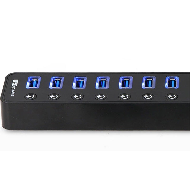 Bluwee 8-Port USB 3.0 Hub with 7pcs Data Transfer Ports, 1pc 5V/2.4A Smart Charging Port, Individual On/Off Switches and 5V/2A Power Adapter(ABS Glossy Black)