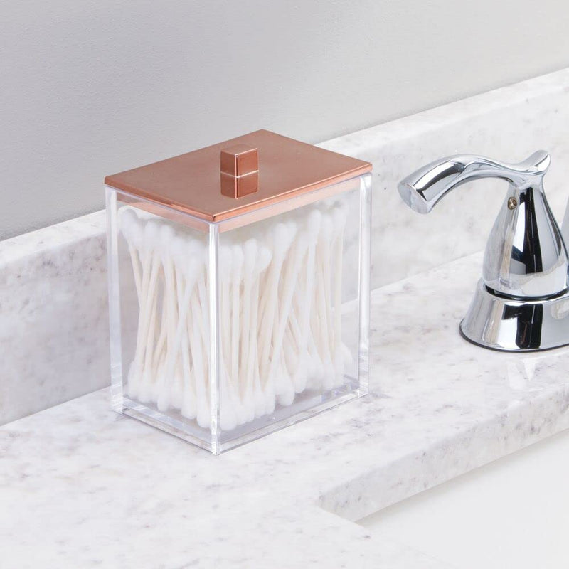 [AUSTRALIA] - mDesign Plastic Bathroom Storage Jars, Vanity Decor Accessory, Countertop Organizers; Soap Dispenser, Toothbrush Holder, Toothpaste Caddy, Rinsing Cup; Lumiere Collection - Set of 4 - Clear/Rose Gold 