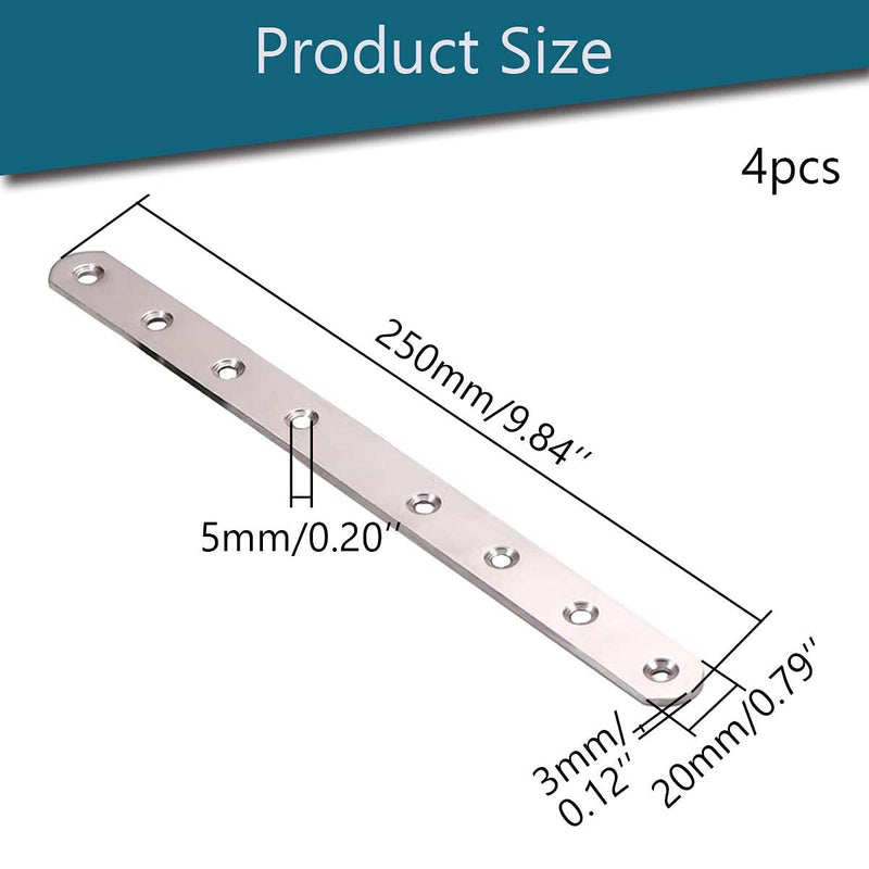 Heyiarbeit 4 PCS Flat Fixed Straight Bracket Repair Board 9.84" x 0.79"Brushed Stainless Steel Surface Connection Angle Bracket Gusset Plate