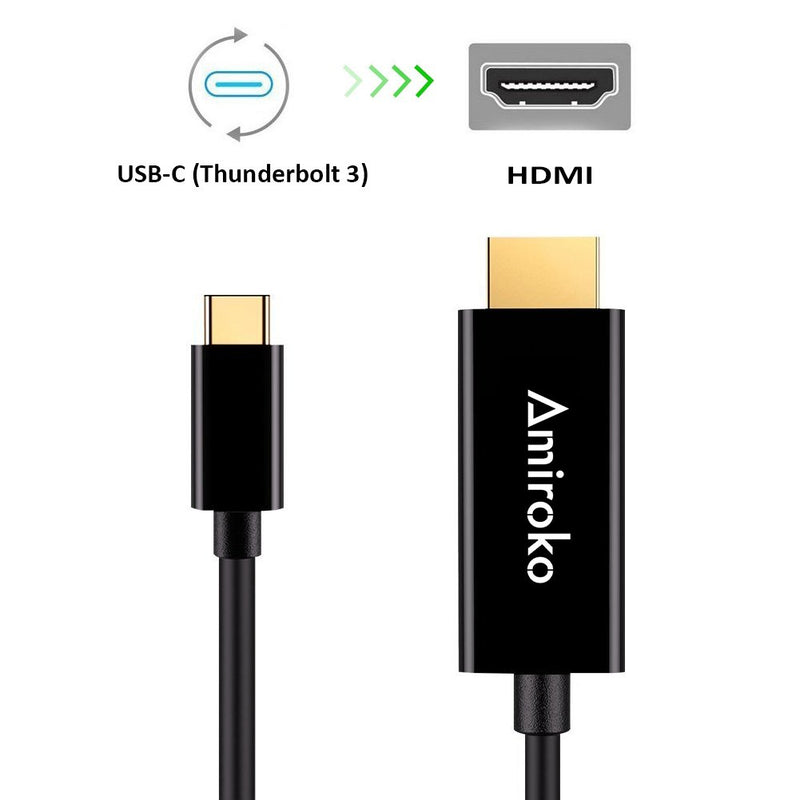 USB C to HDMI Cable 6FT, Amiroko USB 3.1 Type C (Thunderbolt 3 Compatible) to HDMI 4K Cable for MacBook Pro 2016, MacBook 12", Chromebook Pixel, Galaxy S8/S8+ etc to HDTV, Monitor, Projector Black