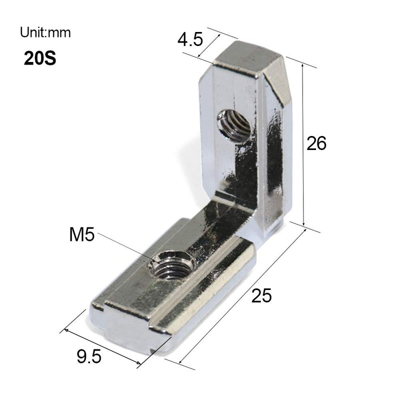 Boeray Europe Standard Aluminum Profile 2020 Series T Slot 6mm Inner Bracket Joint with Screws, Pack of 20 + 2 Wrench 20s 20pcs+screw+wrench