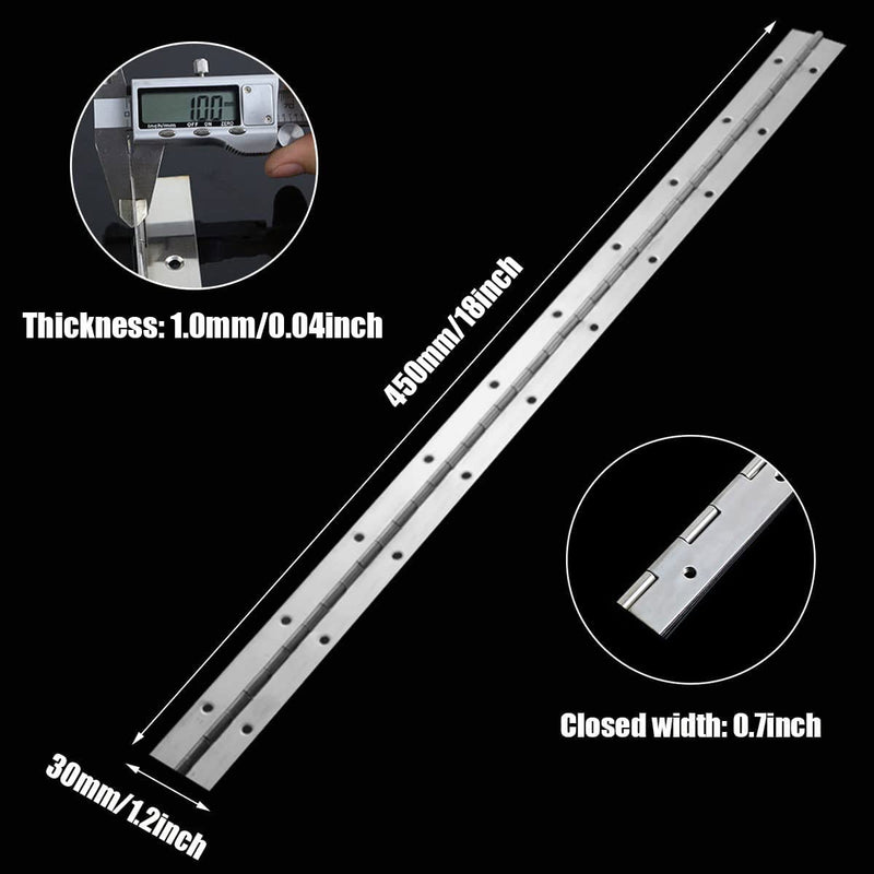 4PCS 18Inch Continuous & Piano Hinges, Heavy Duty Stainless Steel Piano Hinge, Smooth Polished Folding Continuous Hinge, 0.04inch Leaf Thickness, 1.2inch Open Width Silver