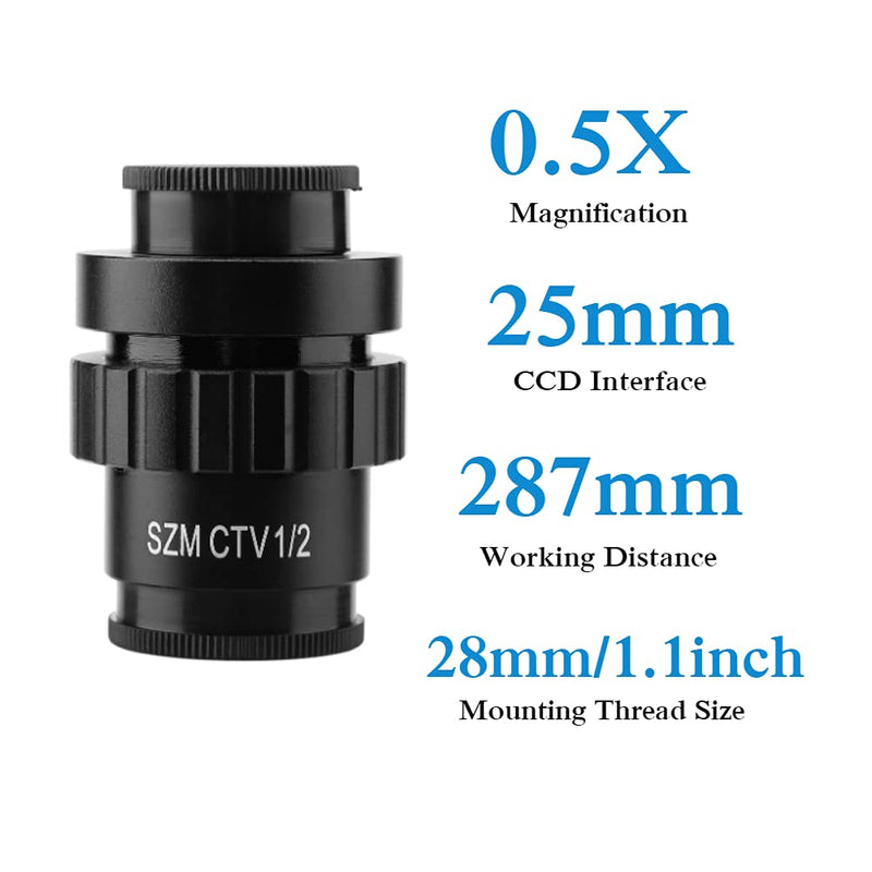 Microscope Objective Lens, 0.5X C-Mount Objective Lens, 1/2 CTV Adapter Biological Microscope Lens, 25mm CCD Interface, for SZM Trinocular Stereo Microscope