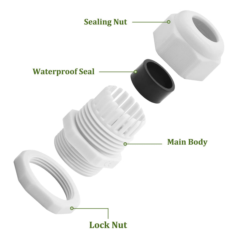 Mecion 5 Pack Cable Gland Waterproof Adjustable 15-18mm Cable Connectors with Lock Nut and Gasket, PG21 Cable Glands Joints, White