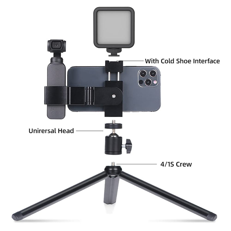 Aluminum OSMO Pocket 2 Phone Holder Set,OSMO Pocket 2 Mount Accessories with Universal Head and Extension Pole Tripod Compatible with DJI OSMO Pocket 2/ OSMO Pocket and Smartphone PTZ Mount