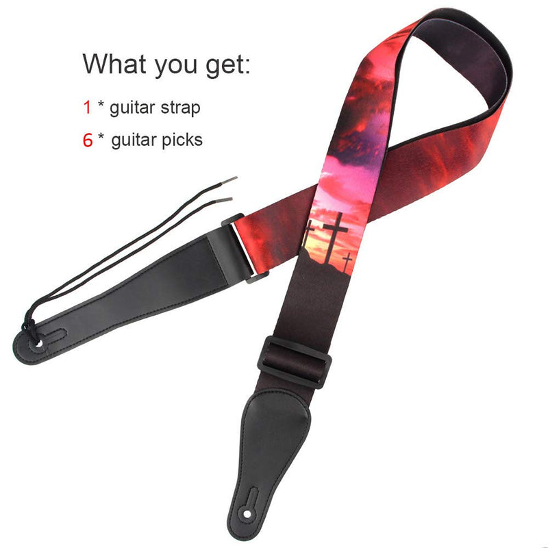 Guitar Strap for Acoustic - Vintage Strap for Classical and Electric Guitars Adjustable Soft Polyester Cotton Strap with Free Guitar Picks (Sunset)
