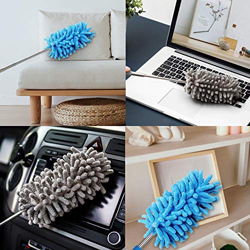 Microfiber Duster for Cleaning, Dusters with Telescoping Extension Pole, Extendable Washable Mini Dusters for Cleaning Car, Window, Furniture, Office (Blue and Grey) Blue and Grey
