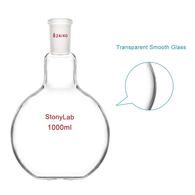 StonyLab Glass 1000ml Heavy Wall Single Neck Flat Bottom Boiling Flask, with 24/40 Standard Taper Outer Joint, 1000ml 1000 mL