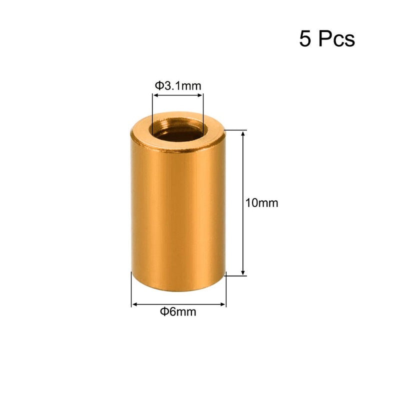 uxcell 5 Pcs Round Aluminum Standoff Column Spacer 3.1x6x10mm(IDxODxH) Unthreaded Golden Tone for Drone FPV Quadcopter Racing RC Multirotors Parts DIY 10mm Gold