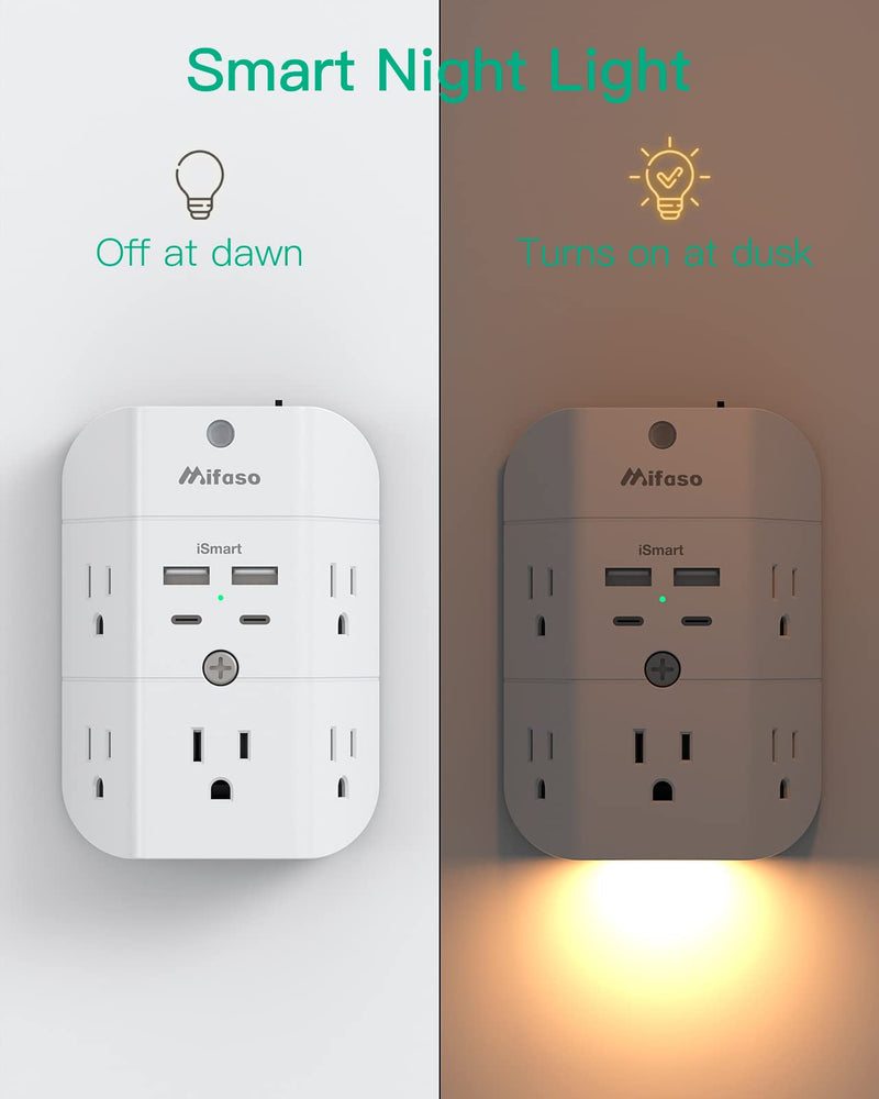 Surge Protector Outlet Extender - with Night Light, 5-Outlet Splitter and 4 USB Ports (2 USB C Charger), Multi Plug Outlet for Home, Dorm Room Essentials with 2 USB-A & 2 USB-C