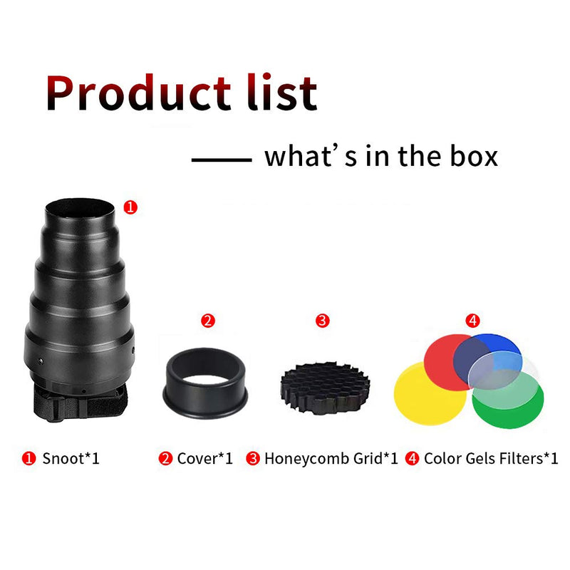 Soonpho Conical Snoot Kit for Speedlite Flash Accessories,Aluminium Alloy Snoot with Honeycomb Grid & 5pcs Color Gel Filters